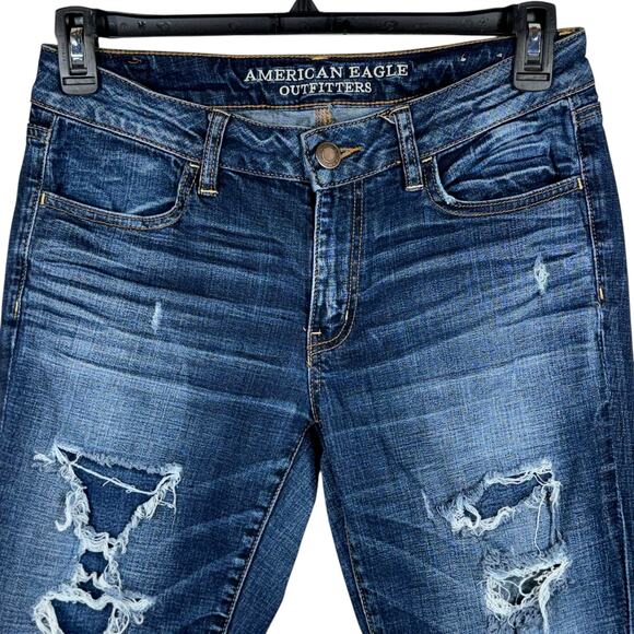 American Eagle SZ 8 Jeggings Jeans Low-Rise Distressed Patches Stretch Whiskered - Picture 2 of 11